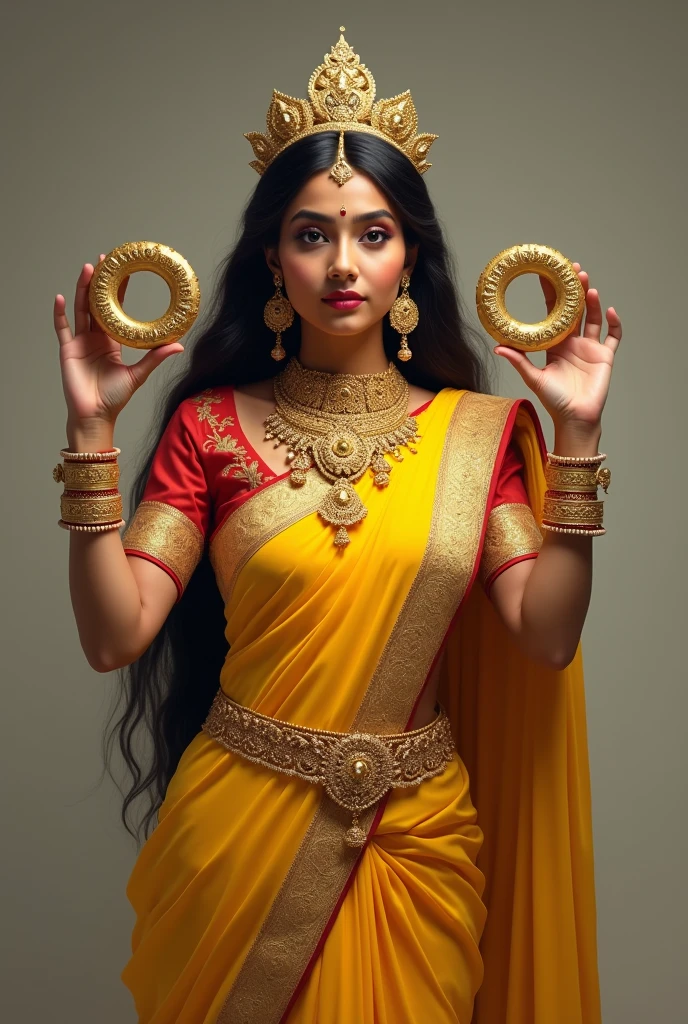 An Indian woman in a yellow saree wearing gold jewelery and wearing a crown, holding two gold long big rings, her hands half raised to her shoulders.