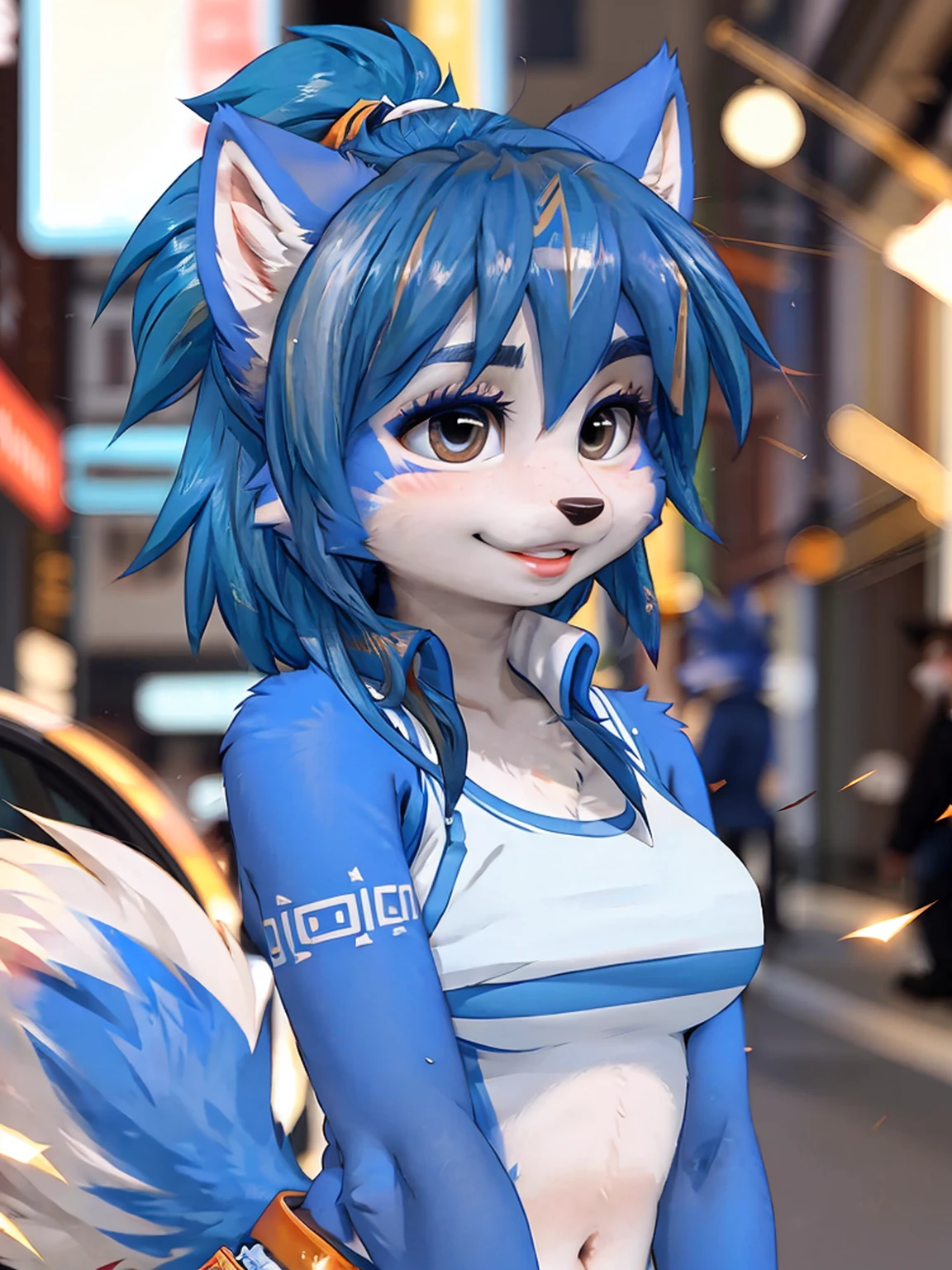 A beautiful and detailed (cute portrait) wa ((krystal)), Star Fox krystal, sslim, lovable, green eyes, medium breasts, (((Long blue hair 1.3))), Decollete, anthro, furry, Uploaded E621, detailed fluffy fur, (wa Fluff-Kevlar, Bayard Wu, Pino Daeni), detailed face, (fluffy), 1 girl, alone, sweet girl, centered, Award-winning photo, (Viewers look at:1.2), | smile, lucy_Heartfilia, | | blush, contrasted, bokeh, depth of field, Film composition,
