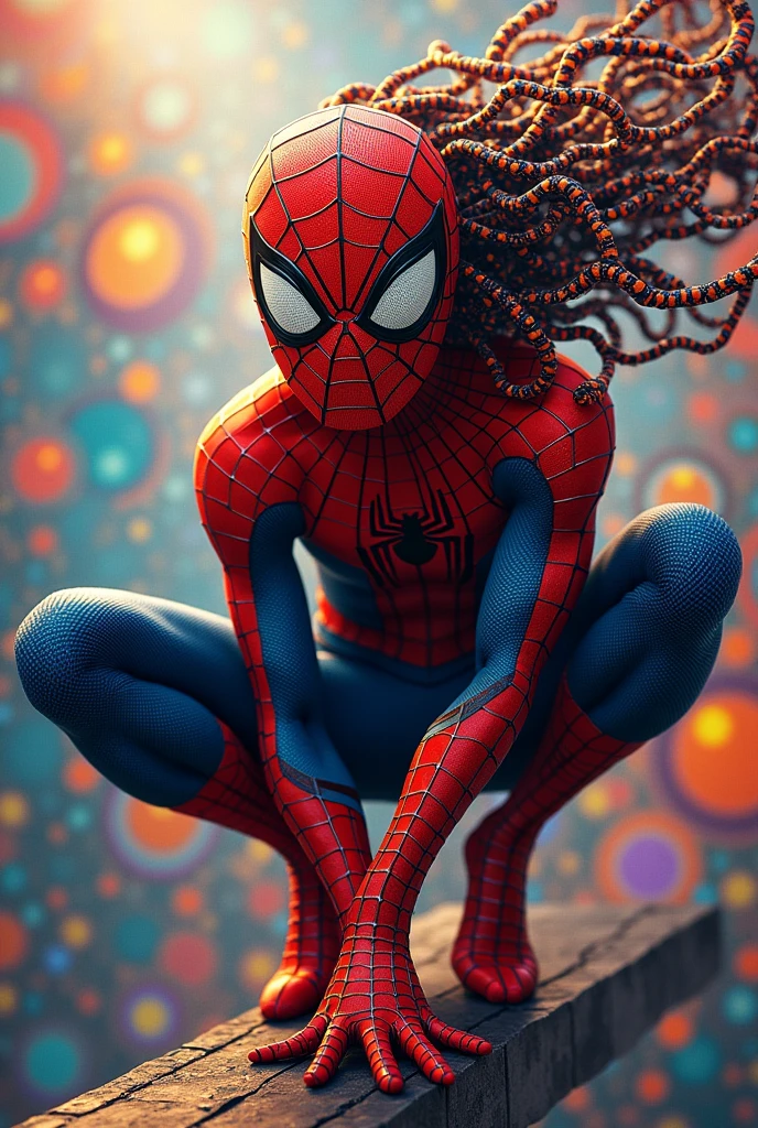 Spider-Man with Yayoi Kusama's face and hair