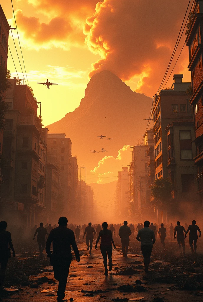 City in the middle of an earthquake, buildings falling down, people laughing desperately, The yellow sky with red and a large mountain similar to the Ávila in Caracas Venezuela, military invasion military planes and helicopters dropping bombs