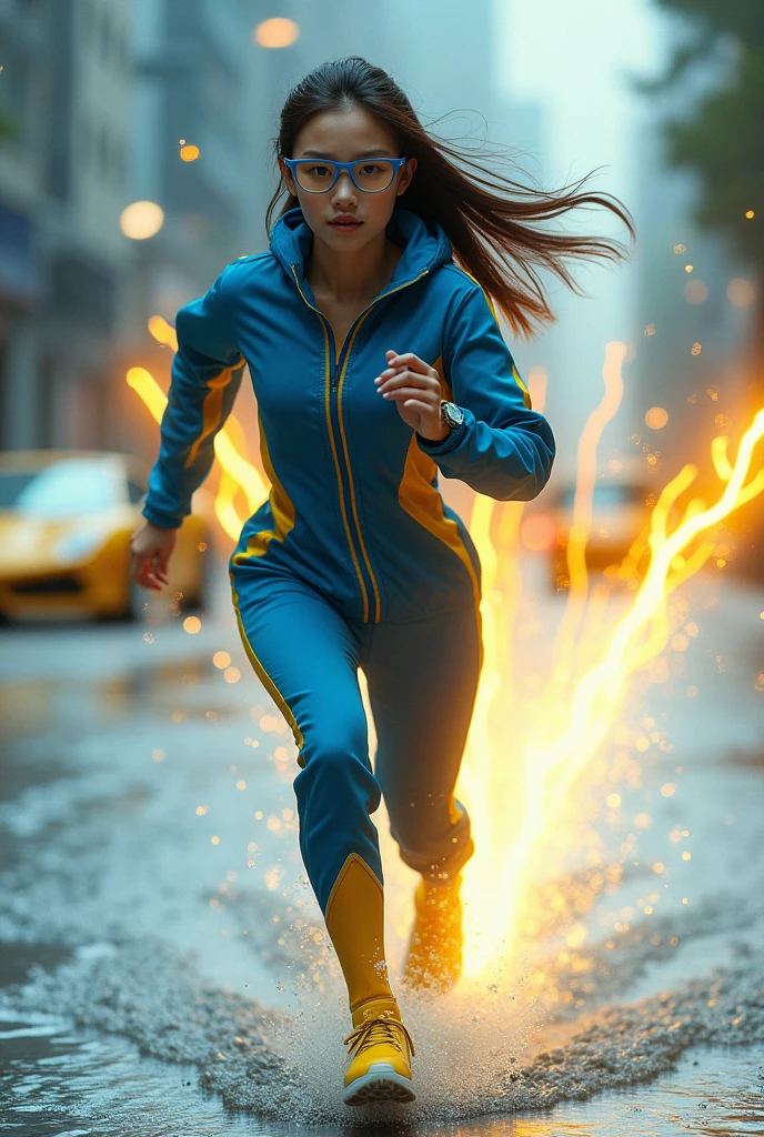 Chinese japan women average age 15 year old wear jumpasuit high tech(( blue yellow)). Running effect. Glowing yellow power. Runfast effect. Wear blue big glasses big frame.running speed of light. running athlete. Braces teeth. waterfall background .Bokeh background. Panning effect. Yellow high tech watch. a beautiful young chinese women, , wearing a high-tech blue and yellow loose jumpsuit,run on water, floating water bubble, photorealistic, detailed facial features, long hair, elegant pose, dynamic lighting. glowing body yellow lightning effect, 8k, award-winning digital art, intricate details, vibrant colors, cinematic composition. very fasr run, highly detailed. light trail effect. speed of light. froze time effect. at the city.run water .shallow water . spash water. the girl run fast on wet road. between lamboghini.
