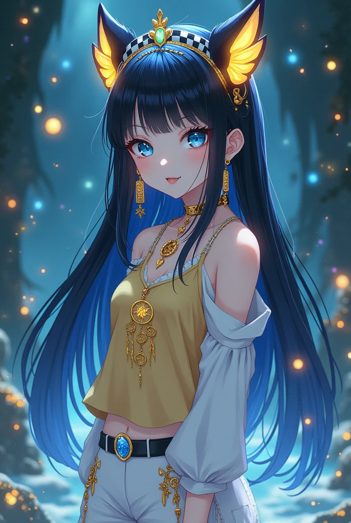 A girl with white anime-type skin, with straight black hair that reaches to her waist with a black and white checkered crown that gives off blue and yellow lights, has a fang sticking out of his mouth, She has golden earrings, She has a sleeveless blouse that is white and light yellow, She has a short white skirt, He has white pants with dreamcatcher figures and these figures are gold in color 