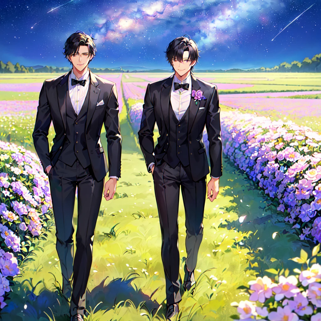 masterpiece,best quality,high quality,(1male austere handsome solo adult age 30 years old:1.5), purple eyes, cool with suspended eyes, V-shaped eyebrows, body strong and fearless 8.5 head tall, height 185cm, (well-groomed black short hair to neck:1.4), (bangs 7 thirds parted:1.4), slender nose, facial muscles, throat, (black suit, black tie, black pants:1.3), (walking:1.3), (stylish pose), (cool smile:1.3), (upper body:1.3), (background dew grass summer flower field:1.3) , (Milky Way Night Sky:1.3)