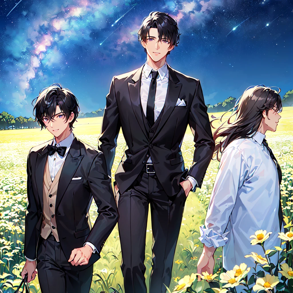 masterpiece,best quality,high quality,(1male austere handsome solo adult age 30 years old:1.5), purple eyes, cool with suspended eyes, V-shaped eyebrows, body strong and fearless 8.5 head tall, height 185cm, (well-groomed black short hair to neck:1.4), (bangs 7 thirds parted:1.4), slender nose, facial muscles, throat, (black suit, black tie, black pants:1.3), (walking:1.3), (stylish pose), (cool smile:1.3), (upper body:1.3), (background dew grass summer flower field:1.3) , (Milky Way Night Sky:1.3)