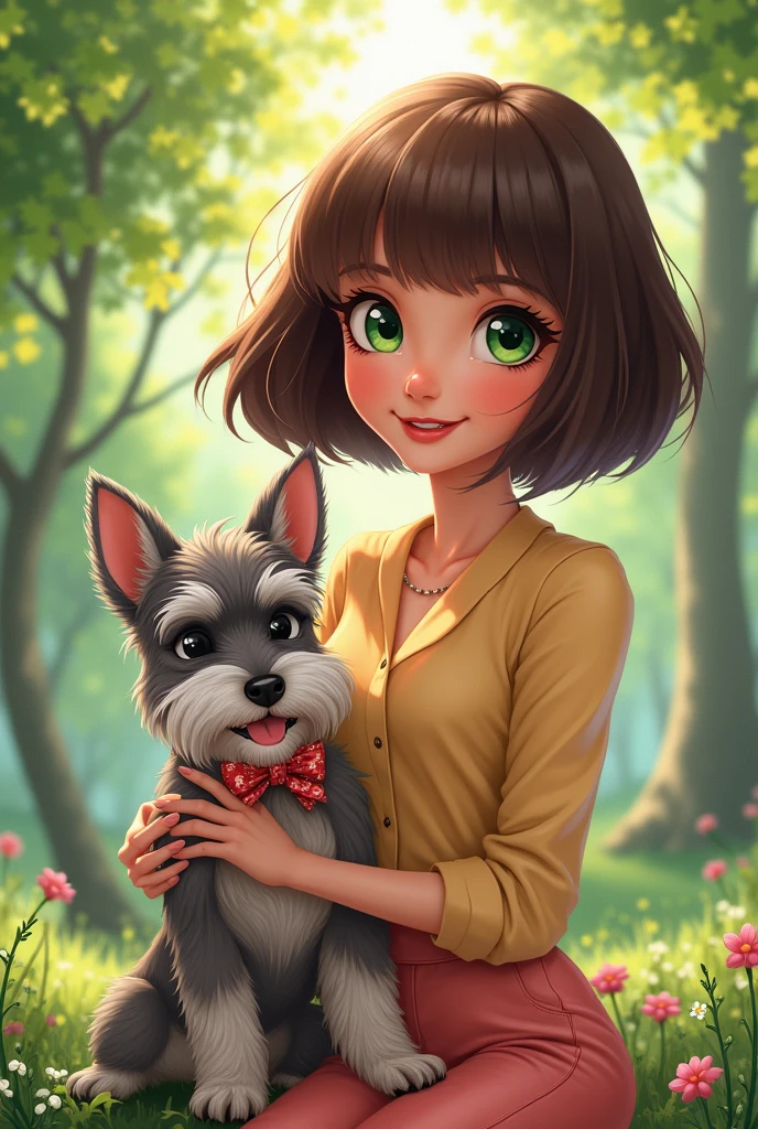 Woman with short brown bob hair and green eyes with a female mini schnauzer with bow in the park