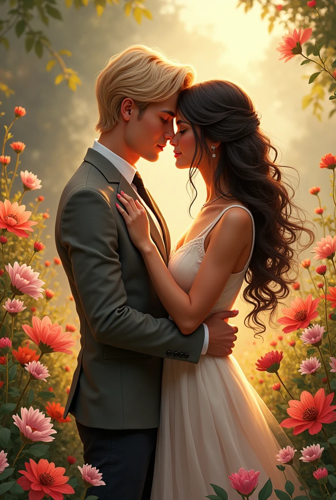 One with blonde hair and one with brown hair and black hair in a flower garden couple