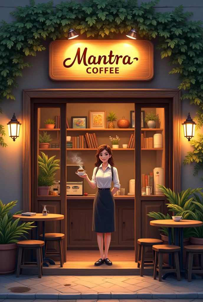 Entrance to a cafe with wooden tables outside, with a sign that says mantra coffee, illuminated, with plants, books, paintings. At the entrance a female Barista with a cup of coffee in her hand and a smile on her face. He addresses the audience with enthusiasm.
