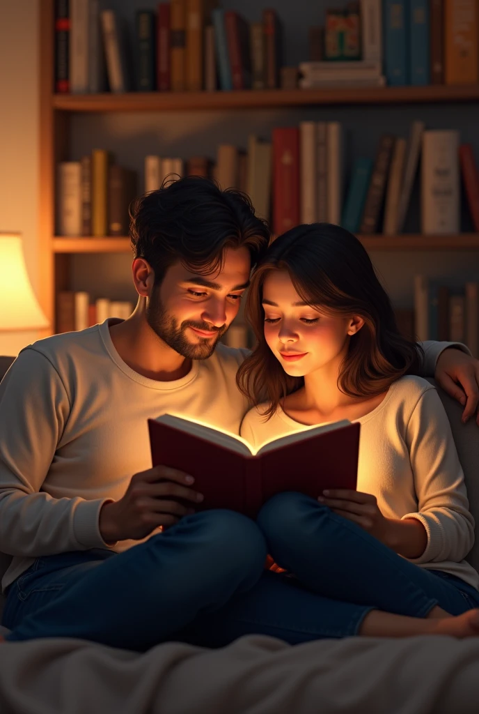 A couple together, each one holding their own book and showing the cover. Reading together.