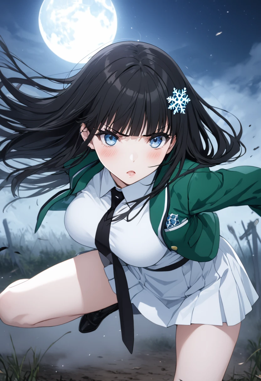 One person, solo, masterpiece, Highest quality, 
The Irregular at Magic High School, Miyuki Shiba, Shiba Miyuki, Iris, blue eyes, tsurime, eyelash, Black Hair, Long Hair, Hime cut, Straight hair, Blunt bangs, blunt end, Side Lock, hair ornaments, snowflake hair ornaments, First high school uniform, dress, white dress, collared dress, pencil dress, tie, black tie, short tie, Jacket, green Jacket, cropped Jacket, open Jacket, Long sleeve, Large Breasts,
,
View your viewers,
blush, Angry expression, Lips parted,
Outdoor, battlefield, Raised right leg,Shining ring on right foot, Jacket fluttering in the wind, night, moon, Fog from the ground,High Kick,See white panties