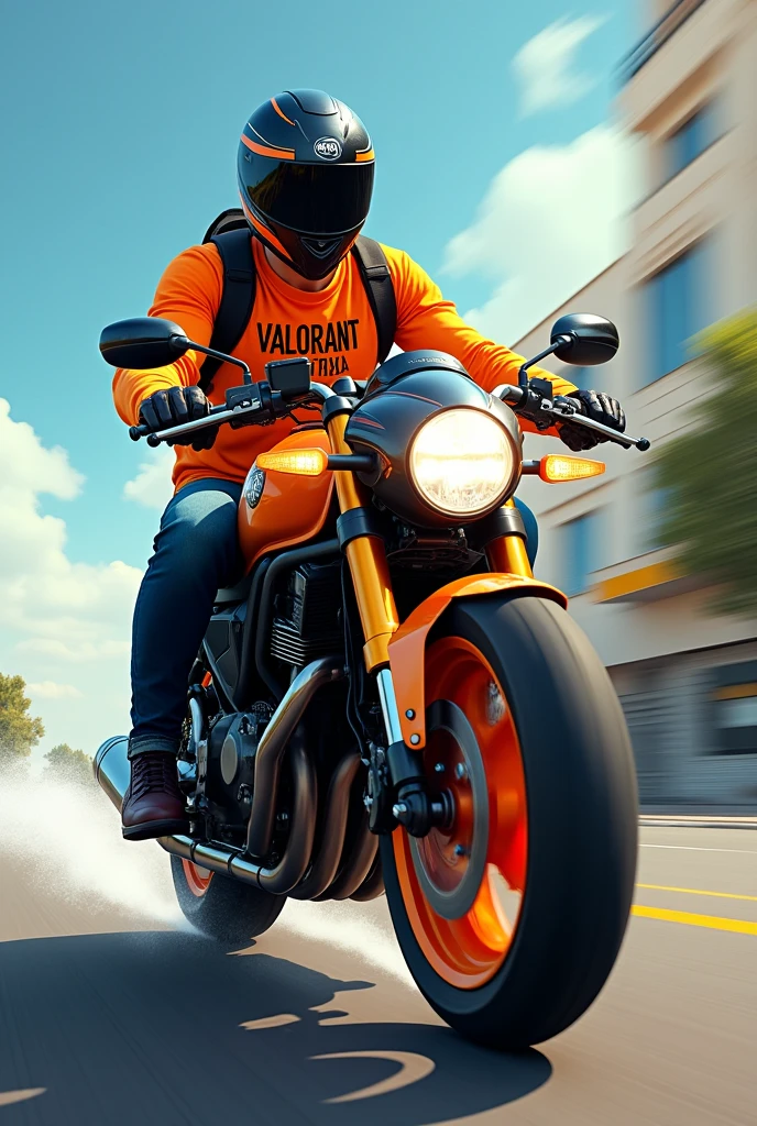 Create an art of a man on top of a motorcycle with a helmet and a person behind on the back with an orange shirt with the words valorant moto taxi written on it.