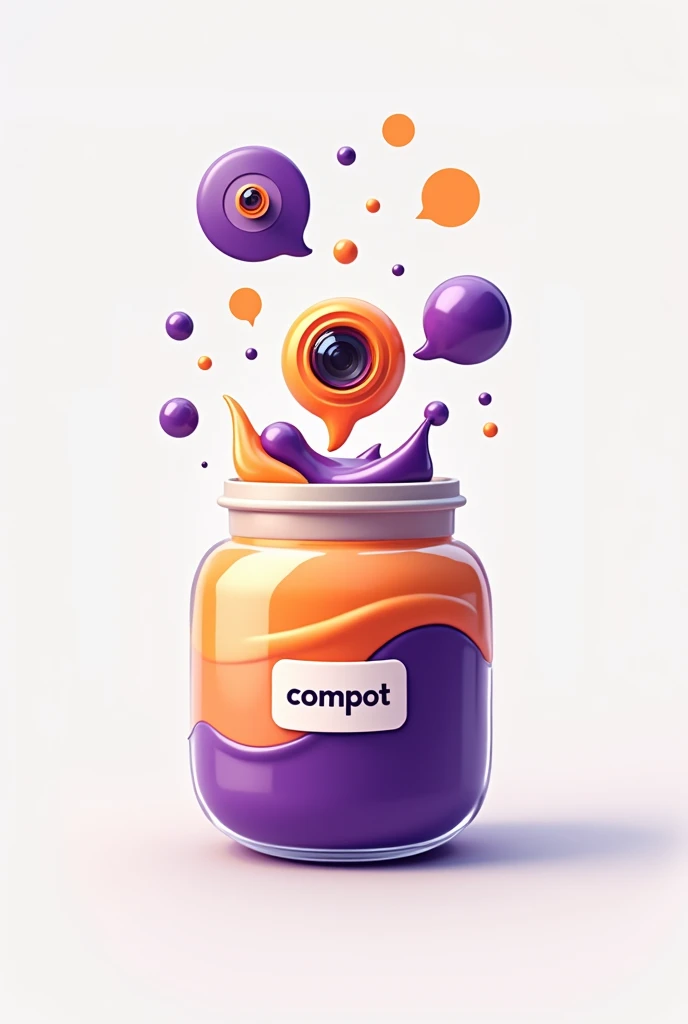 Logo styled -Opened jar filled with orange and purple liquid, message bubble and camera lens INSIDE JAR and sticker written "COMPOT" on jar