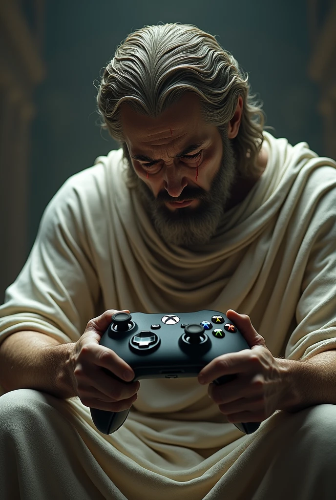 A realistic, photographic representation of a crying-faced Greek god holding an Xbox Series controller.