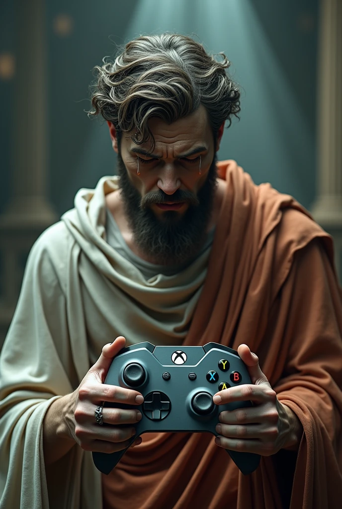 A realistic, photographic representation of a crying-faced Greek god holding an Xbox Series controller.