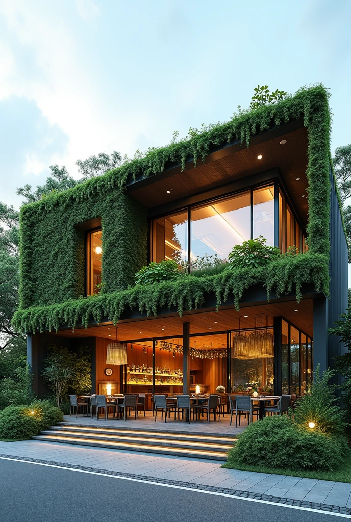 an exterior design of a highly energy-efficient, eco-friendly restaurant, near the road, indoor environmental quality that address the quality of the space for its occupants, such as air cleanliness, thermal control, and noise pollution, clerestory windows, and solar panels, allowing for an abundance of natural light and reduced carbon footprint, emphasizing a reduced reliance on private cars, resilient in landslides, rainwater catchment, vertical gardens and living walls, energy effiecient lightings, and zoomed in to showcase the details of the sustainable building for a restaurant.