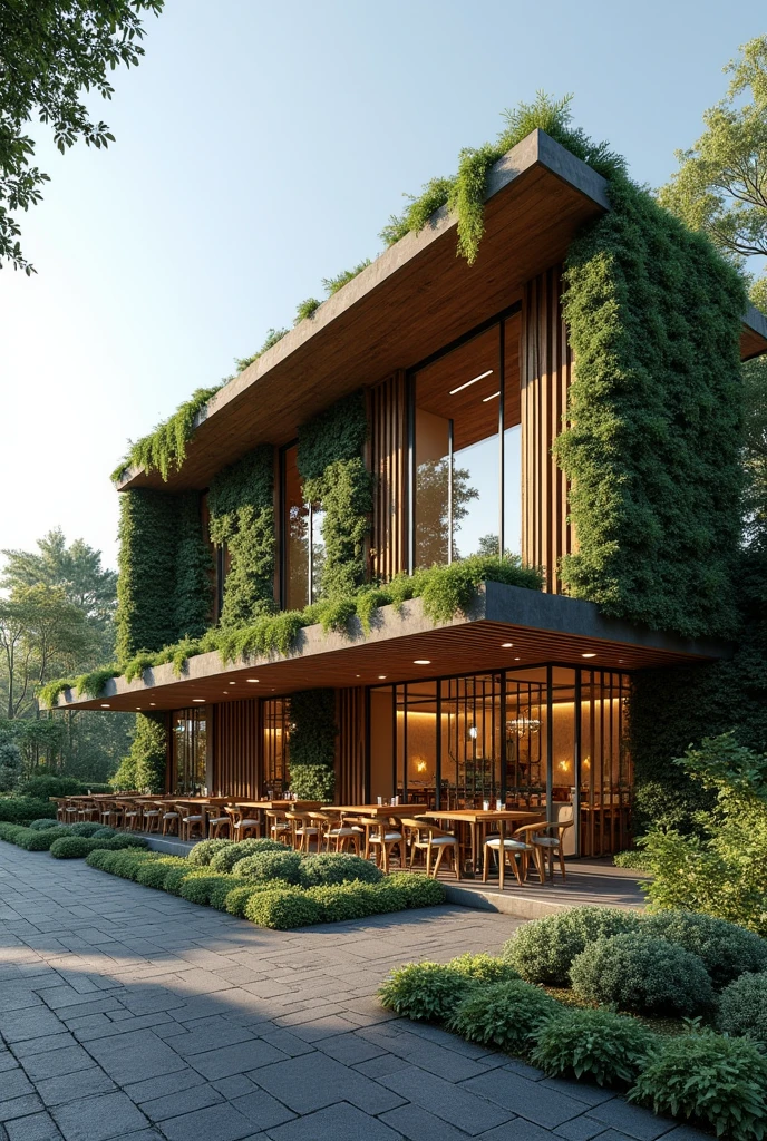 an exterior design of a highly energy-efficient, eco-friendly restaurant, near the road, indoor environmental quality that address the quality of the space for its occupants, such as air cleanliness, thermal control, and noise pollution, clerestory windows, and solar panels, allowing for an abundance of natural light and reduced carbon footprint, emphasizing a reduced reliance on private cars, resilient in landslides, rainwater catchment, vertical gardens and living walls, energy effiecient lightings, and zoomed in to showcase the details of the sustainable building for a restaurant.