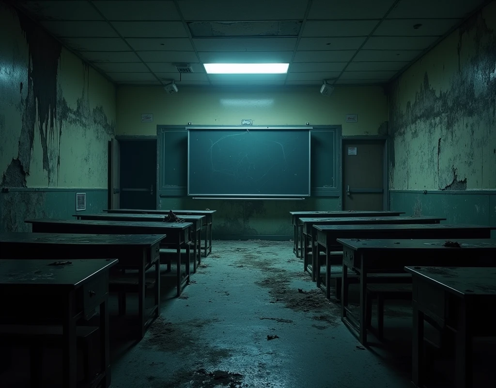 (raw photo, best quality) , (Realistic, photo-realistic: 1.4), extremely formidable overall plan, masterpiece, ultra-detailed, high resolution, best illustration, best shadow, complex, depth of field, old abandoned empty classroom, scary, dark, night, Night, very low lighting, Photorealistic 8k style, DSLR, high quality, (film grain: 1.4), Fujifilm XT3,