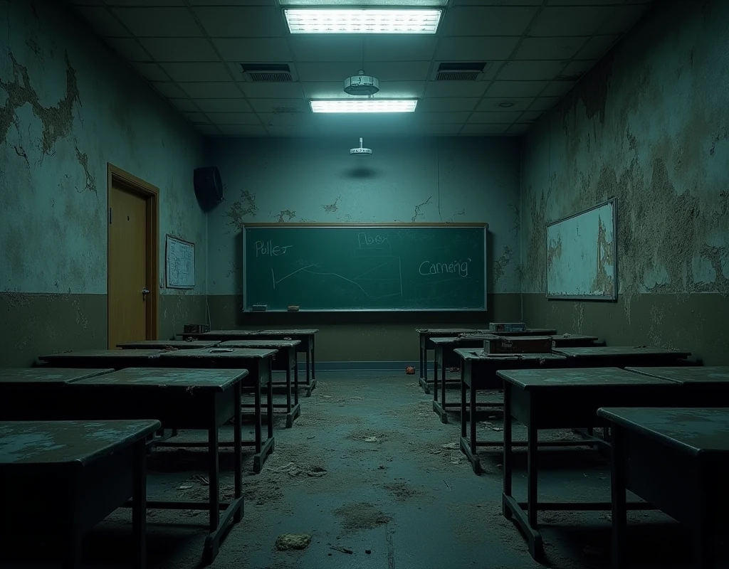 (raw photo, best quality) , (Realistic, photo-realistic: 1.4), extremely formidable overall plan, masterpiece, ultra-detailed, high resolution, best illustration, best shadow, complex, depth of field, old abandoned empty classroom, scary, dark, night, Night, very low lighting, Photorealistic 8k style, DSLR, high quality, (film grain: 1.4), Fujifilm XT3,