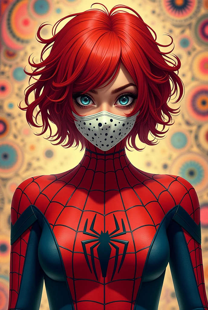 Spider-Man without mask with Yayoi Kusama's face and hair