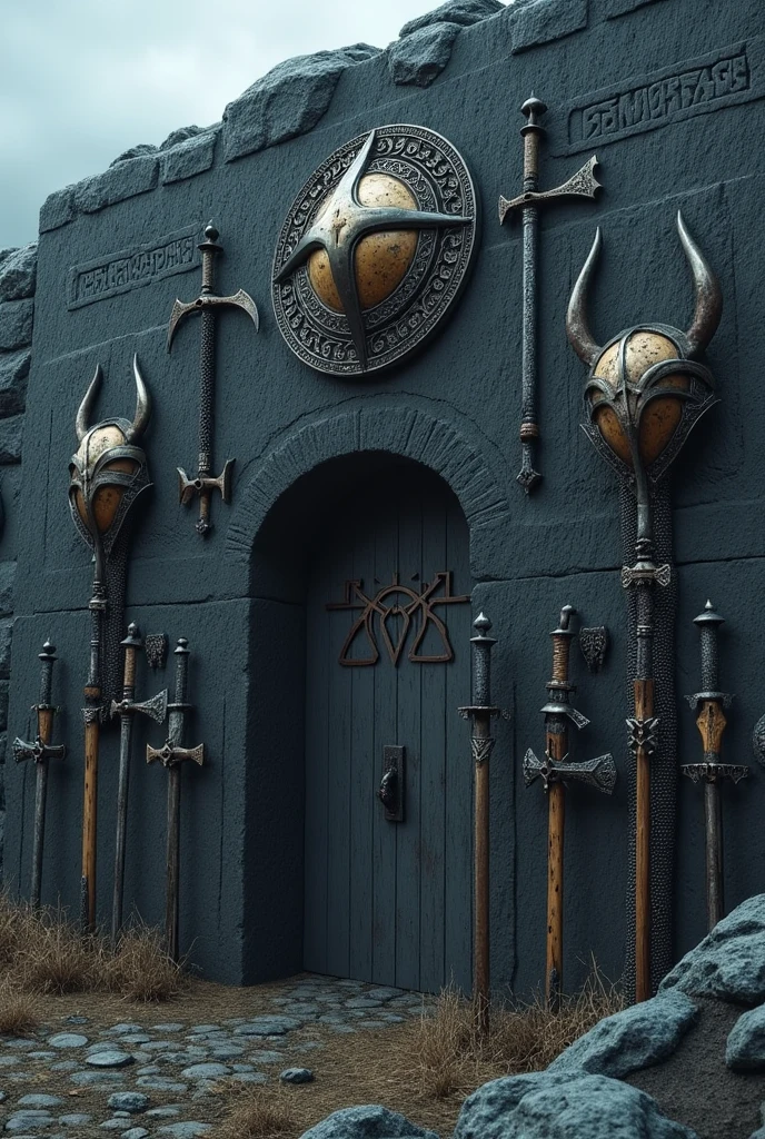 Wall with vikings weapons and armor