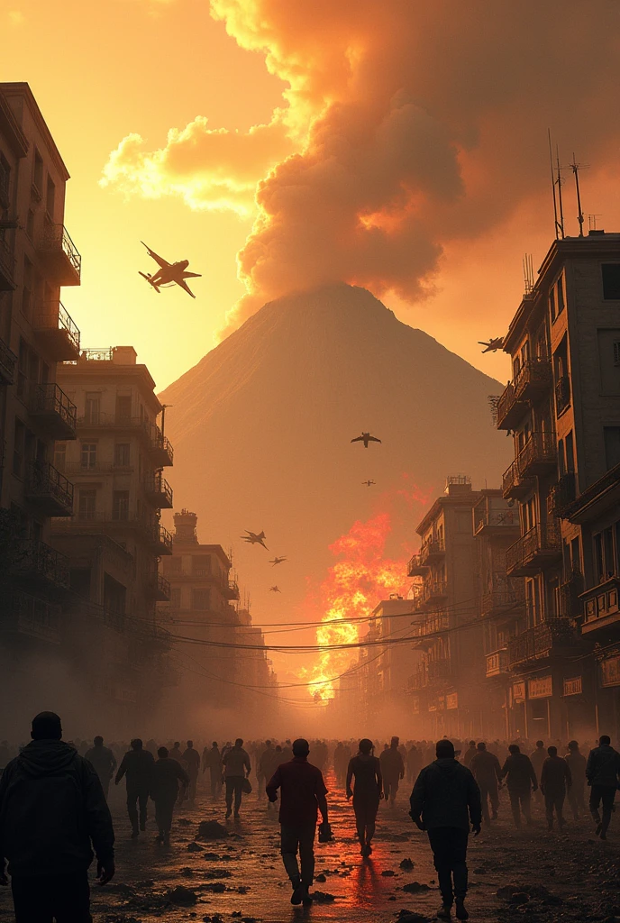 City in the middle of an earthquake, buildings falling down, people laughing desperately, The yellow sky with red and a large mountain similar to the Ávila in Caracas Venezuela, military invasion military planes and helicopters dropping bombs