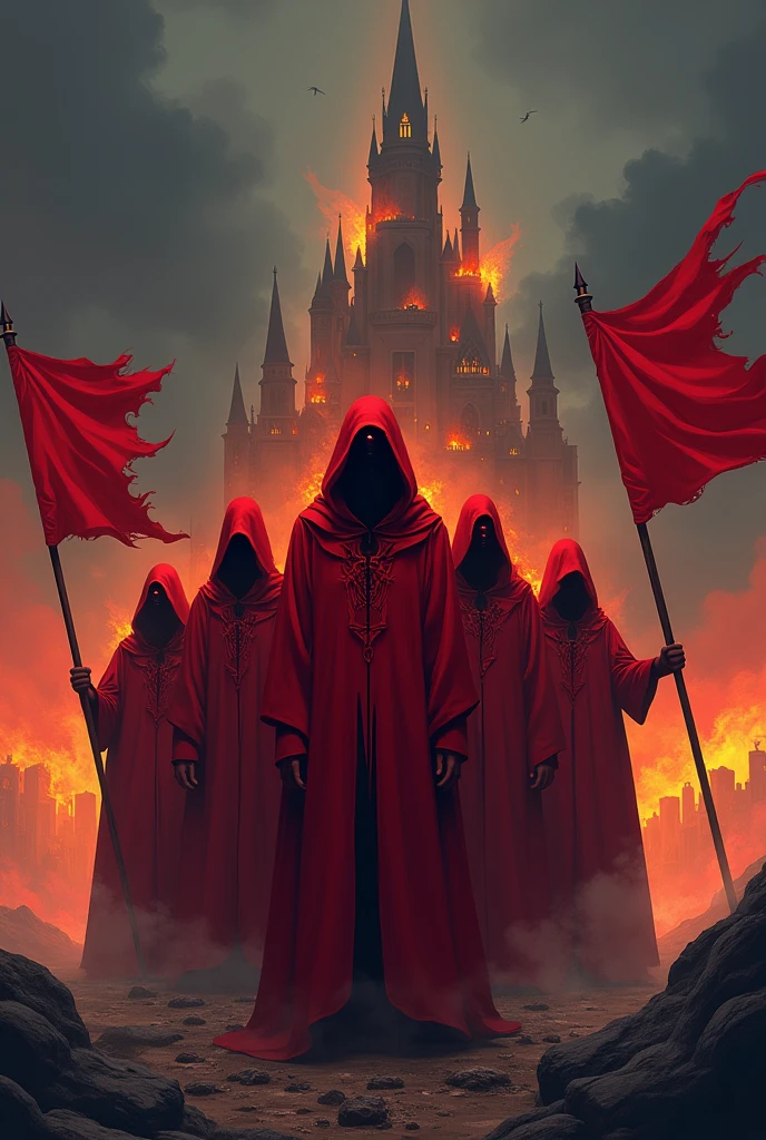 Create an image of several people wearing a red cloak of a sect, with red flags in the background and a castle on fire, do it in a flat place with very dark skies