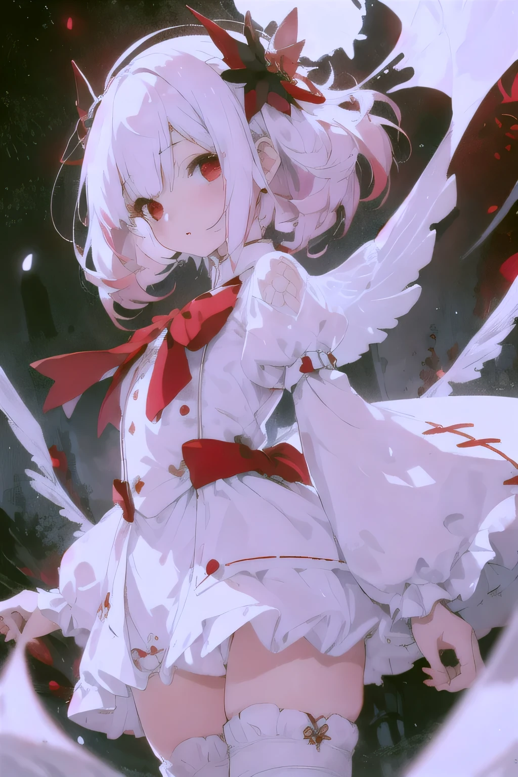 beautiful illustration, best quality, cute petit girl, (transform sequence), transform magical girl, chibi, white magical girl, fractal art, albino, babyface, long pure white and red mesh hair, beautiful detailed red eyes, cinematic lighting, cowboy shot, looking at viewer, from bottom, happy