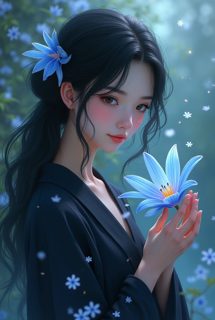 A girl, wearing a black robe. Jet black hair flowing, Both of his eyes are also jet black.. Holding a blue spider lily flower, looking at the flowers with a gentle smile. Flowers fall around him. Be in a cool place, calm, and peace.