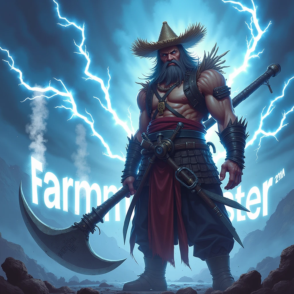 "Créez une image réaliste et intense comme une photo d'un guerrier nommé FarmMasteR,avec un chapeau de paille. Le guerrier doit tenir une grande faux, représentant son expérience agricole. Le personnage doit être vêtu d'une armure médiévale de samouraï, il est en grande forme physique, avec une présence unique et effrayante. Des éclair tournent autour de lui comme une aura. L'arrière-plan doit représenter un monde psionique avec des tons bleus, rempli d'éclair, de fumée et de destruction pour renforcer l'atmosphère intense. être dramatique, en soulignant l'apparence puissante et unique de FarmMasteR. Le nom « FarmMasteR » doit être affiché dans le fond de l'image dans une police ressemblante à celle de l'image fourni