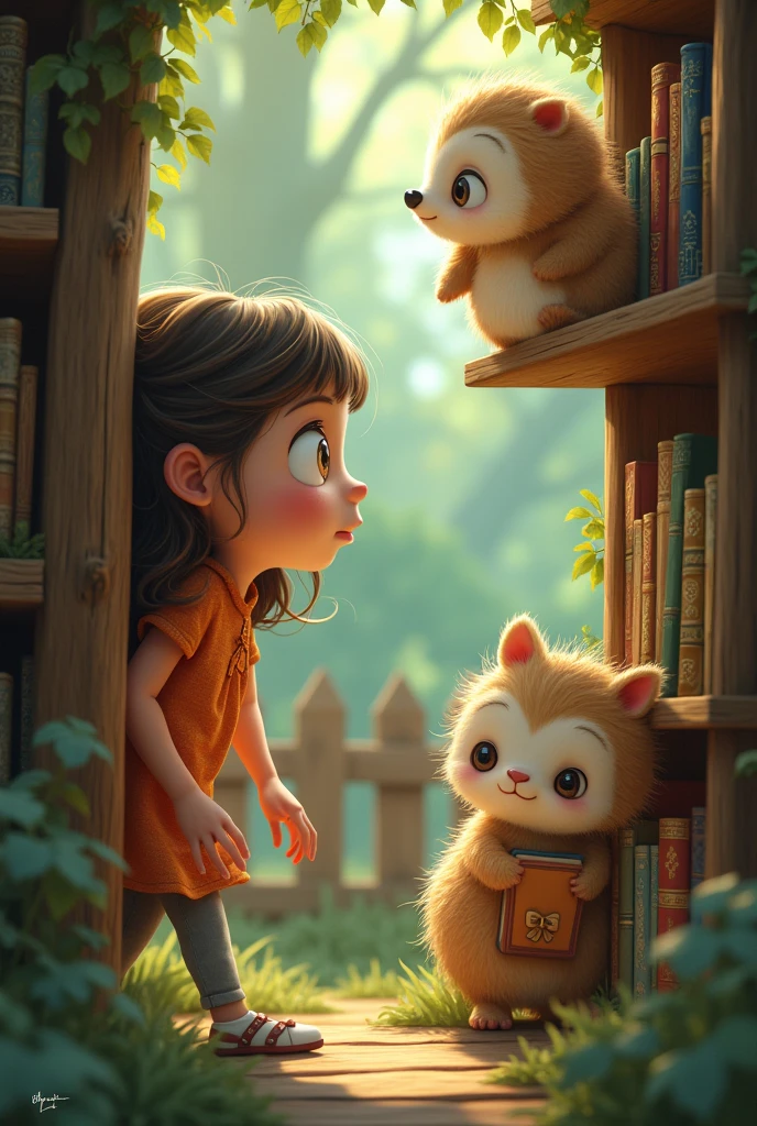 Create an image for story books
As she peeked through the fence, Ellie saw a large, furry creature struggling to reach a book on a high shel.