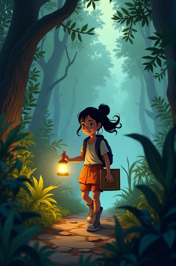 "Maya holding a small flashlight and a book, walking cautiously toward a hidden garden."