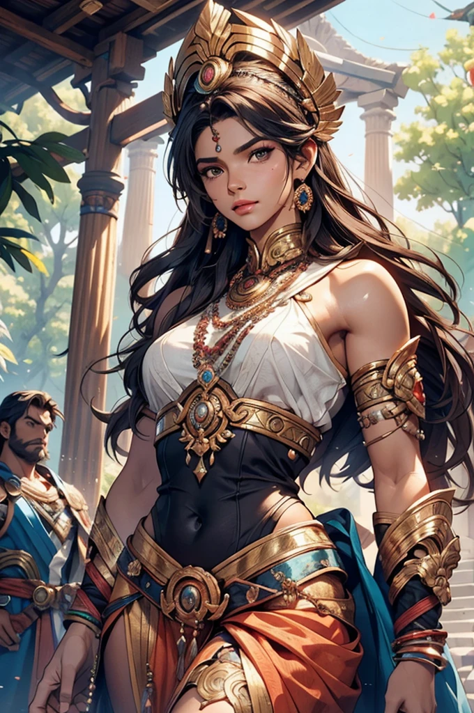 banner format , An Amazon posing as an Inferior Physical Goddess, Tamil MODEL. long hair. big hips. small waist. goddess wear/attire . Image style and definition: ultra realistic photo, feminine figure, portraits, bold lines, brim with confidence and courage. hoplite. Super detailed face, Detailed lips, Detailed eyes,hyper realistic,perfect photogenic clarity, official art, ultra hyper-realistic, Serenity, tone mapped, highly detailed, artstation, concept art, smooth, sharp focus, highly detailed artwork, cinematic, trending on Artstation, 8K, incredible shadows, (highly detailed background:1.0)