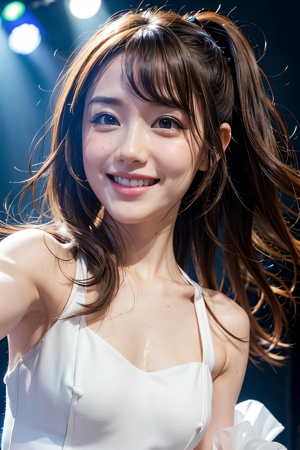 realistic, on the stage of the live music club, jumping energetically, waving a hand against the audience, brightly lit by spotlights on the stage, extremely bright lighting, wearing light chocolate-brown costume like an cuty idol, bright bronde pony-tail hair, hair is blowing in the wind, hair is shaggy and dishevelled, beautiful white-colored translucent skin and face, sweat splashes, glamorous figure, heavy and vivid makeup, small nose, smooth shaped jawline, glossy face, heavy flushed cheeks, big smile, close-up shot