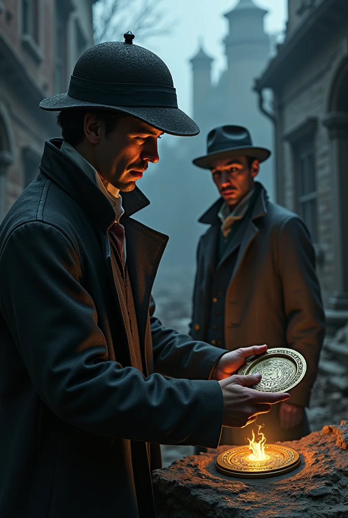 Holmes lifting a small metal plate with engravings, his face lit up by the discovery. watson, at your side, observe carefully. The background shows the desolate scene of the ruined house.





