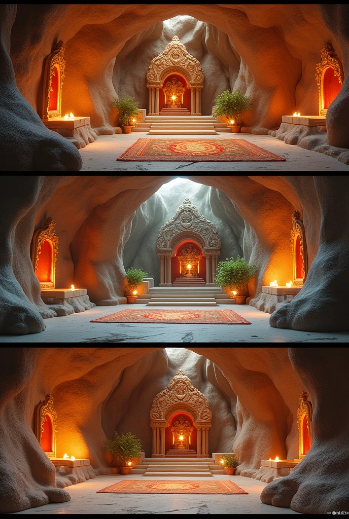 Create an image for me of a Cave 3D give me 3 photos of wall  it shouldn't look creepy it should have indian touch