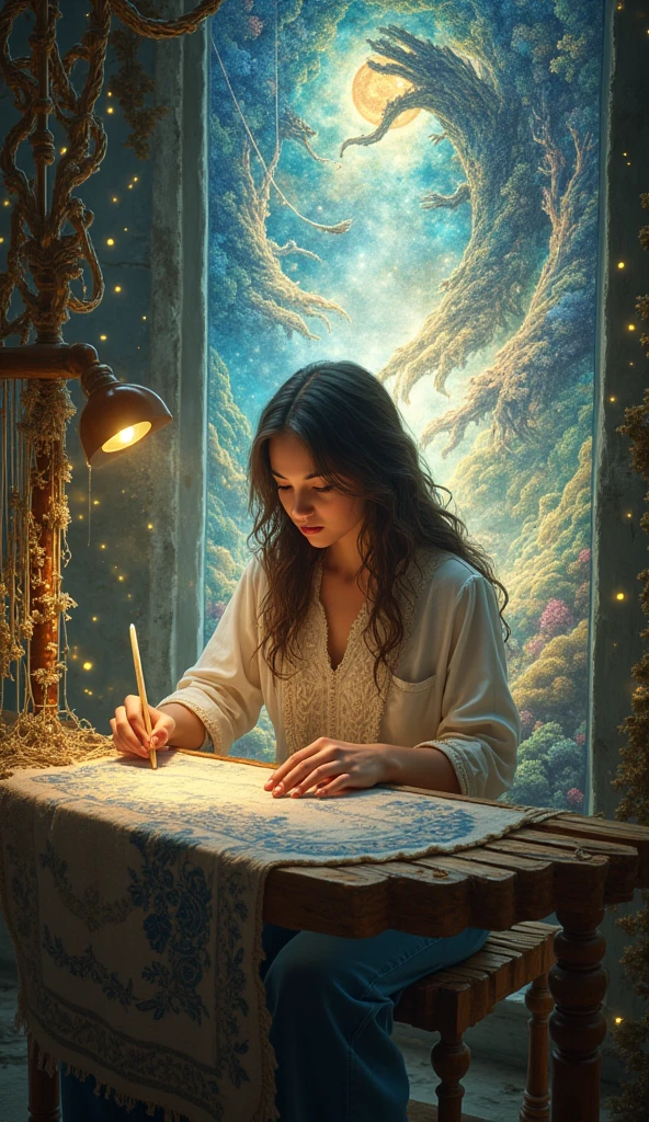 a young woman with an expression of intense focus and creativity, sits at an ornate loom. The tapestry she weaves is vibrant and alive, featuring threads of stardust, moonbeams, and the whispers of wind. The tapestry depicts shifting scenes of magical landscapes and fantastical creatures. The background glows with soft, otherworldly light, reflecting the magical essence of Vyrelyn