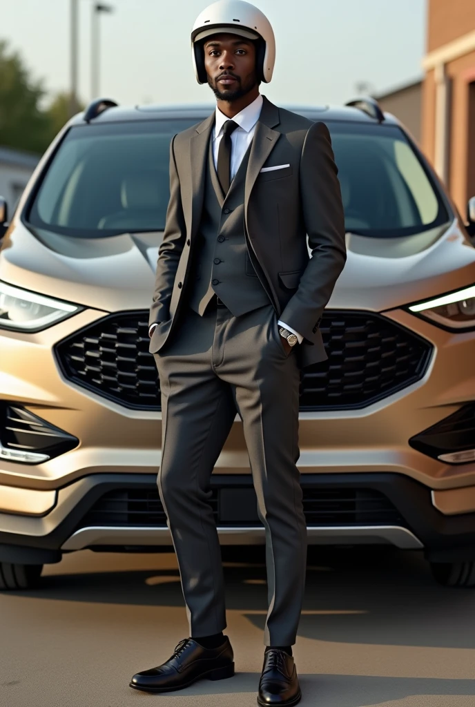 
"Create a Black man with thin lips, wearing Italian shoes and formal clothing, standing outside his 2024 Ford Territory vehicle in cream brown color, with a white helmet."