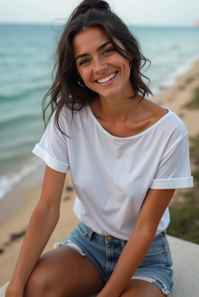 L'image représente une jeune femme à l'expression enjouée. Elle a la peau bronzée, Cheveux noirs attachés en arrière, yeux marrons et porte un tshirt blanc et un petit short en jean, elle est assise sur une terrasse
