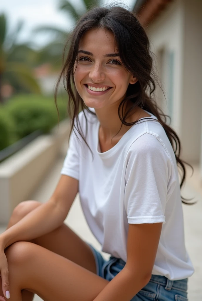 L'image représente une jeune femme à l'expression enjouée. Elle a la peau bronzée, Cheveux noirs attachés en arrière, yeux marrons et porte un tshirt blanc et un petit short en jean, elle est assise sur une terrasse