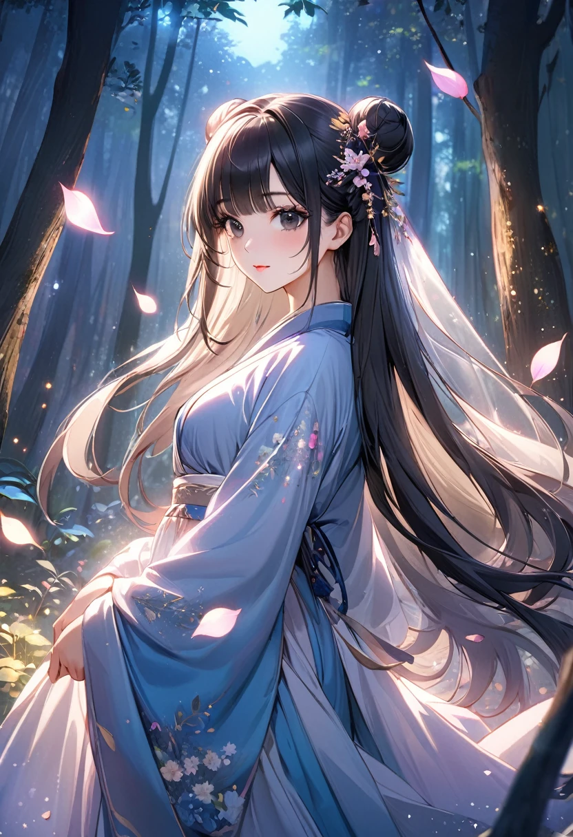 ((best quality)), ((Masterpiece)), (details), 1 woman, Medium bust, black hair, black eyes, ((long hair, buns)), Bangs , curve, beautiful face, Beautiful skin , Long eyelashes, Thick eyelashes, Hanfu,（Dress conservatively：1.3）,Flying petals, seductive pose,colorful,Magic Forest,sparkling light particles,nighttime,atmosphere,Enchanted,ethereal light,beautiful nature,dreamlike,quiet,quiet,undercover,charming,undercover,การแสดงตนที่charming,elegant posture,peaceful aura,shining,beauty in nature