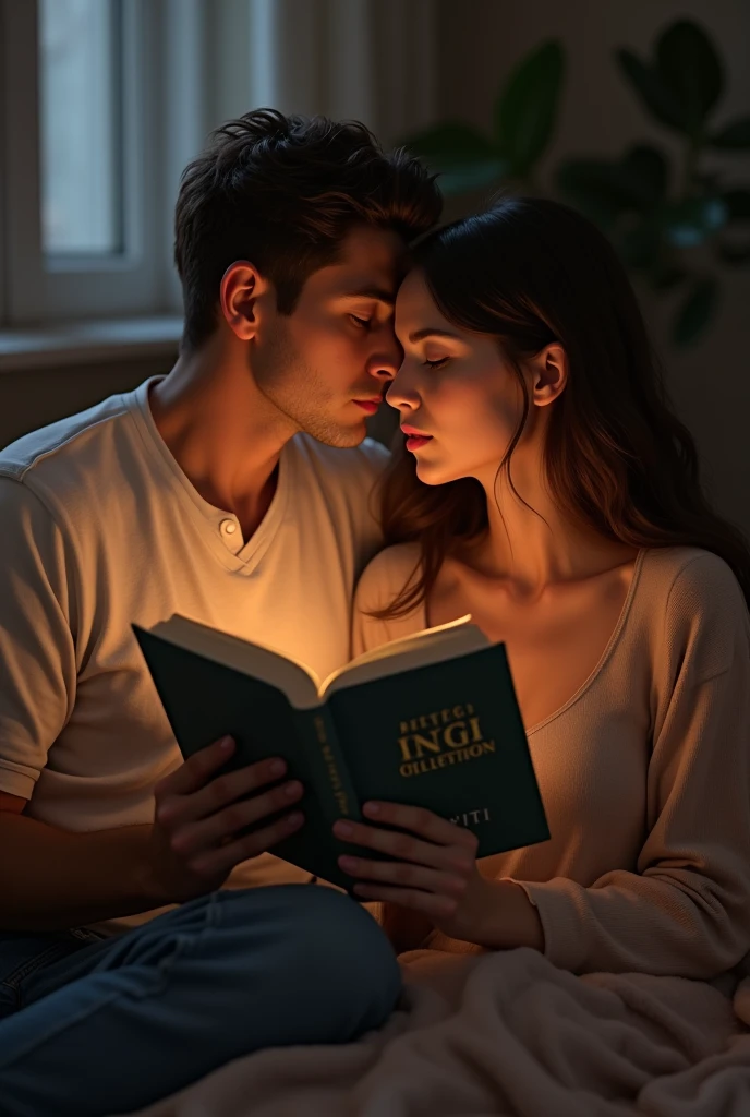 A couple together, each one holding their own book and showing the cover. Reading together. He kisses her.