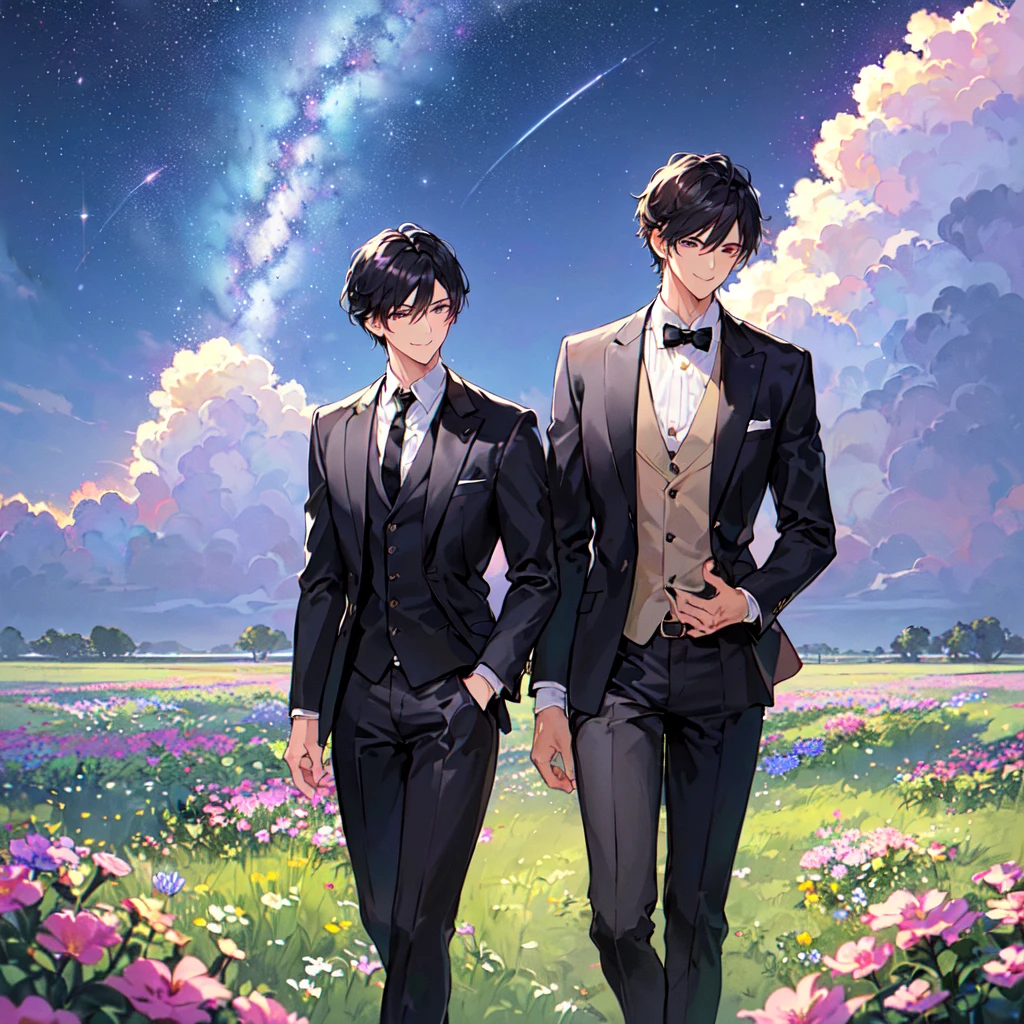 masterpiece,best quality,high quality,(1male austere handsome solo adult age 30 years old:1.5), purple eyes, cool with suspended eyes, V-shaped eyebrows, body strong and fearless 8.5 head tall, height 185cm, (well-groomed black short hair to neck:1.4), (bangs 7 thirds parted:1.4), slender nose, facial muscles, throat, (black suit, black tie, black pants:1.3), (walking:1.3), (stylish pose), (cool smile:1.3), (upper body:1.3), (background dew grass summer flower field:1.3) , (Milky Way Night Sky:1.3)
