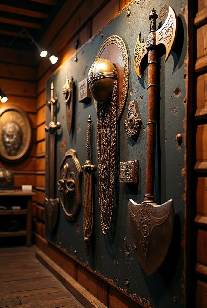 Wall in the room with vikings weapons and armor