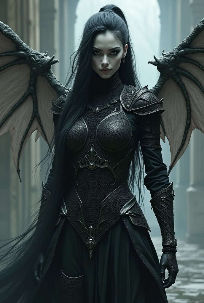 An androgynous male warrior, long dark hair tied with pale skin, expressionless face, and eyes (iris and sclera) black, wearing chainmail armor and a pair of skeletal wings