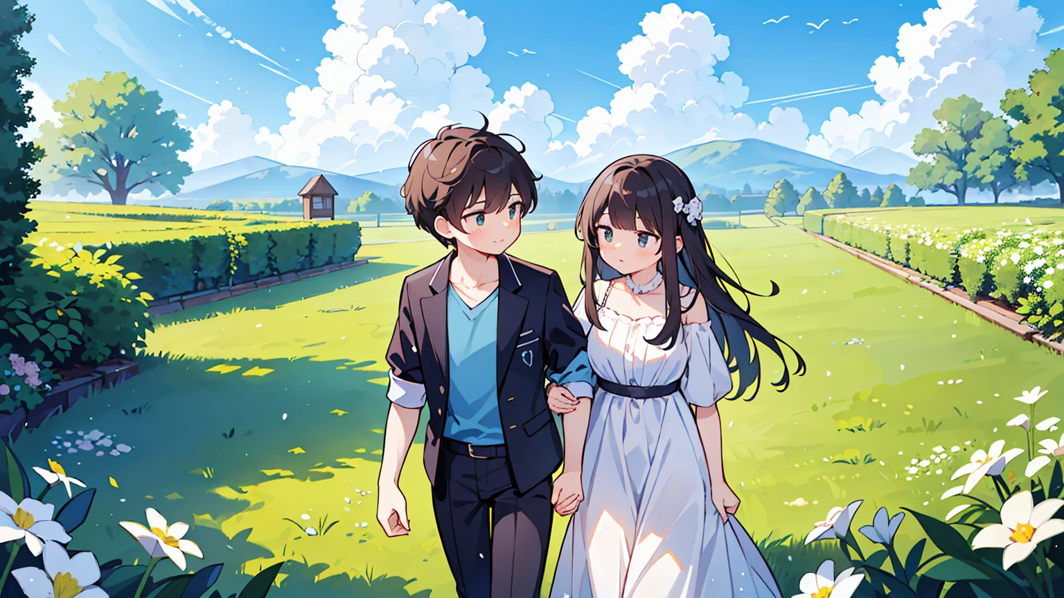 (Masterpiece, highest quality),Create an image of a couple holding hands, walking up a set of stairs towards a beautiful blue sky with fluffy clouds. The scene conveys a sense of romance and connection, integrated into the sky as if part of the cloudscape. The ground is covered with lush green grass and dotted with white flowers, enhancing the dreamy and serene atmosphere.Upper body