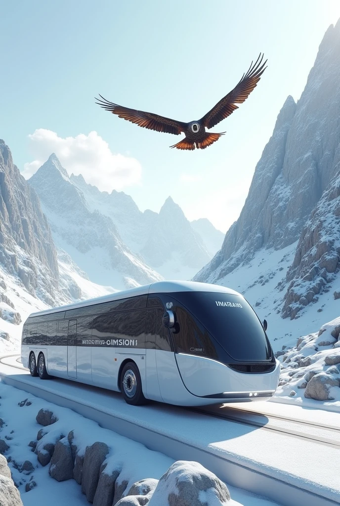 createIMAGOTYPE with the word IMATRANS using an image of pointed mountains , with a white passenger transport bus and an eagle flying overhead
