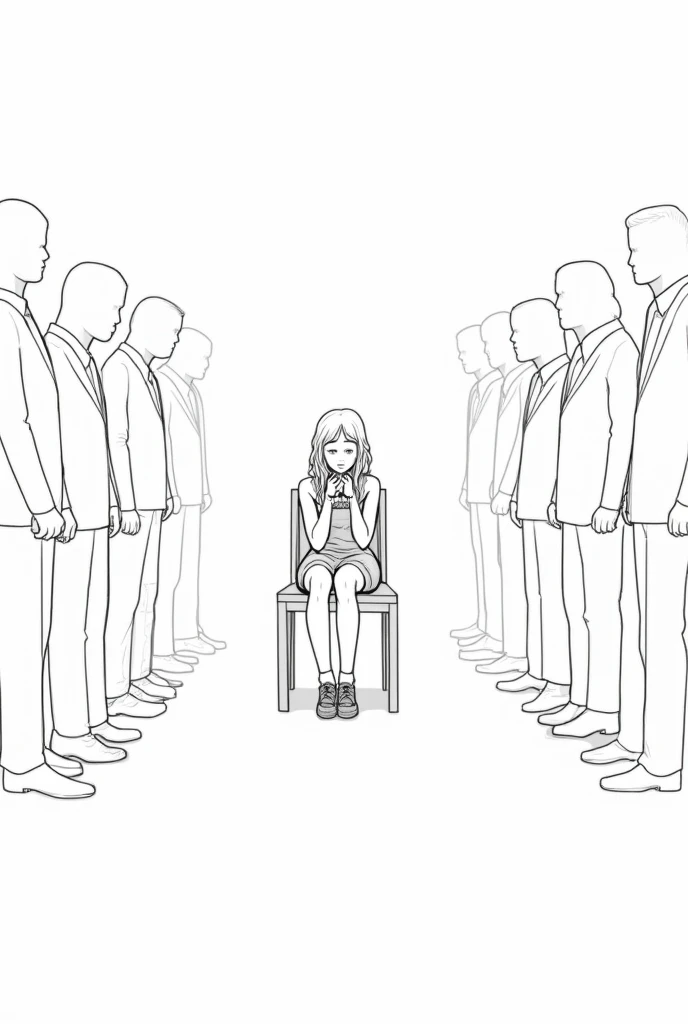 Create a lineart illustration Scene: Marine is sitting in the center of the guardian's room, looking uncomfortable, with the vague and judgmental stares of several people around her.
Details: Marine could be illustrated with her hands folded in her lap, her legs crossed, and her foot bouncing nervously. The focus of the illustration could be on the contrast between Marine, who is in the spotlight, and the rest of the figures in the room, who appear as shadows or indistinct shapes, emphasizing the isolation and embarrassment she feels.