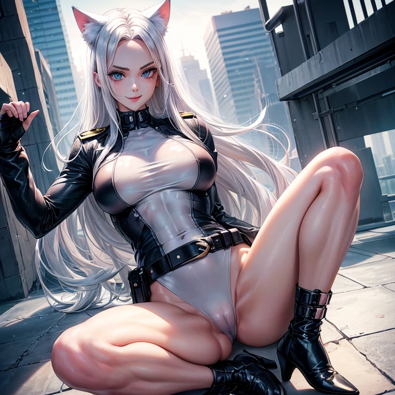 (Cool policewoman.Well-formed face.Tall.A very muscular, thin body.Beautiful six pack abs.Big eyes.Beautiful blue eyes.White Hair.Boyish medium-long hair with a center part.I can see your forehead.Heavy eye makeup.Dark lipstick.Tight waist.Very large breasts.Very large breastsの谷間.Beautiful pale pink areola.Firm skin).(A small, see-through white leotard.Nipples are visible.Black leather boots with lots of belts.Cat Ears).(Skyscraper rooftop.Futuristic City.Late Night.I can see the city at night.sitting on a marble chair.With legs apart.My hair is blowing in the wind.Smiling thinly.Sticking out tongue)Perfect Face.Accurate human body.Accurate 5 fingers.High resolution.Full body image