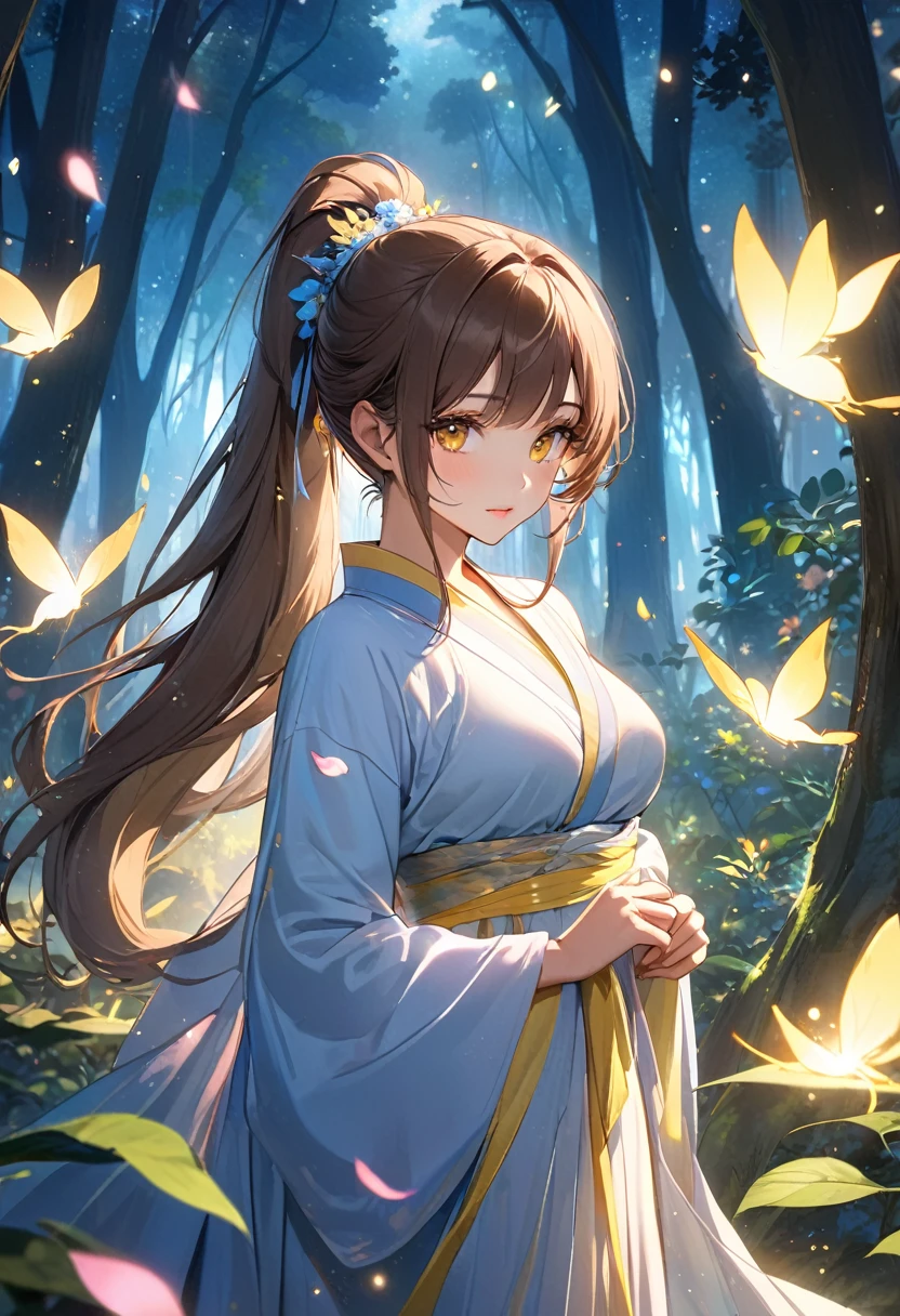 ((best quality)), ((Masterpiece)), (details), Young woman, Medium bust, brown hair, yellow eyes, ((long hair, ponytail)), handsome face, (Tanned skin:1.3), Long eyelashes, Thick eyelashes, Hanfu,(Dress conservatively:1.3),Flying petals, seductive pose,colorful,Magic Forest,sparkling light particles,nighttime,atmosphere,Enchanted,ethereal light,beautiful nature,dreamlike,quiet,quiet,undercover,charming,undercover,การแสดงตนที่charming,elegant posture,peaceful aura,shining,beauty in nature
