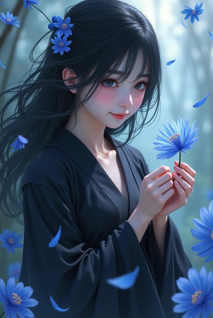 A girl, wearing a black robe. Jet black hair flowing, Both of his eyes are also jet black.. Holding a blue spider lily flower, looking at the flowers with a gentle smile. Flowers fall around him. Be in a cool place, calm, and peace.