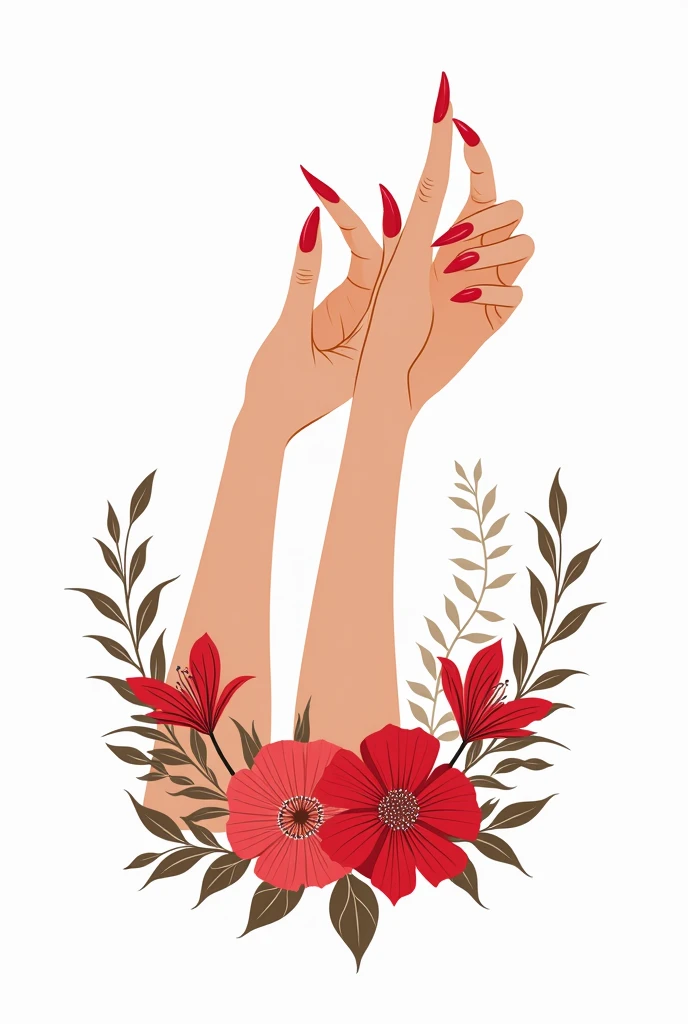 A vector logo, of beautiful hands with long nails painted red, on the lower part of the arms decorated with flowers, WITH WHITE BACKGROUND